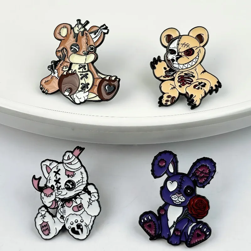 4pcs/set Creative Horror Stitching Bear Cartoon Brooches Metal Badge for Bag Clothing Backpack Personalized Decoration Pins Gift view 3