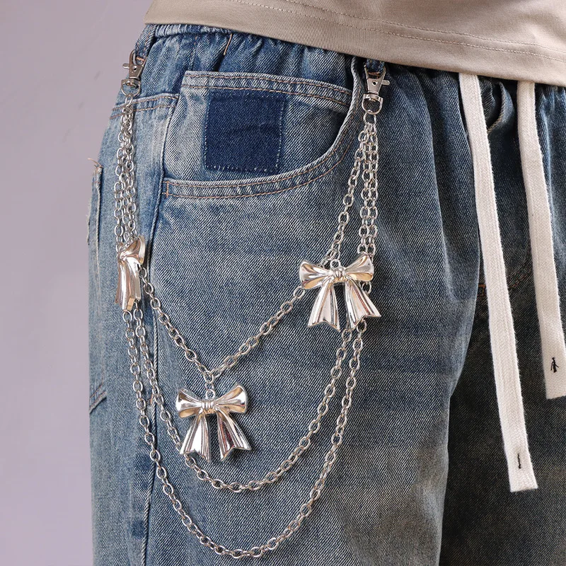 Multi‑Layer Bow Charm Pants Chain Silver Metal Waist Chain Sweet Gothic Style Jeans Key Ring Harajuku Streetwear Accessory