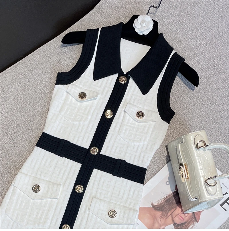 High Quality Women Summer New Korean Version Temperament Ladies Contrast Color Polo Collar Sleeveless Knitted Dress