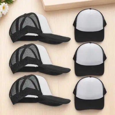 10 szt. Czarnych czapek bejsbolowych z siatką, idealnych do sublimacji, z możliwością personalizacji, poliestrowe, regulowane, typu snapback.