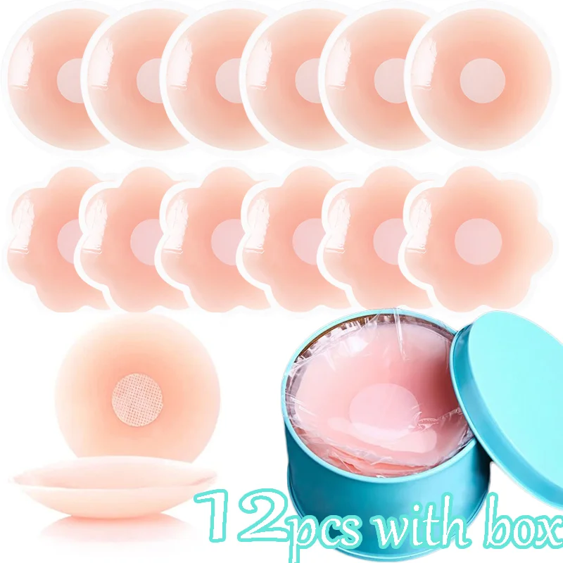 12PCS Silicone Nipple Cover Reusable for Women Breast Petals Lift Invisible Bra Pasties Adhesive Bra Pads Sticker Patch with Box