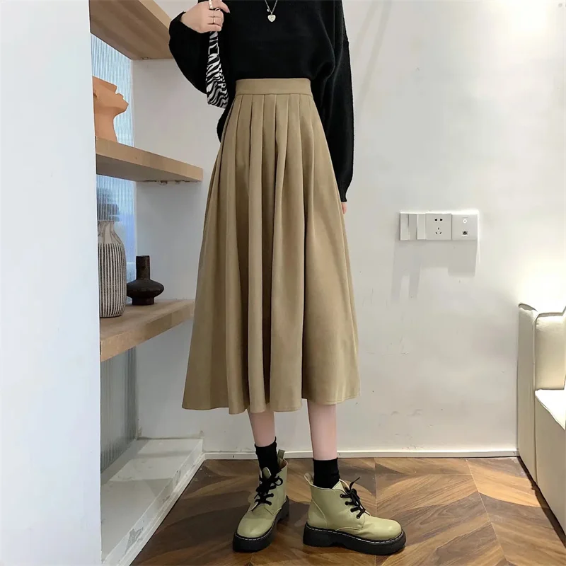 Vintage Brown High Waist Pleated Skirt Women Korean Fashion College Style Long Skirt Ladies Autumn Casual A line Skirts