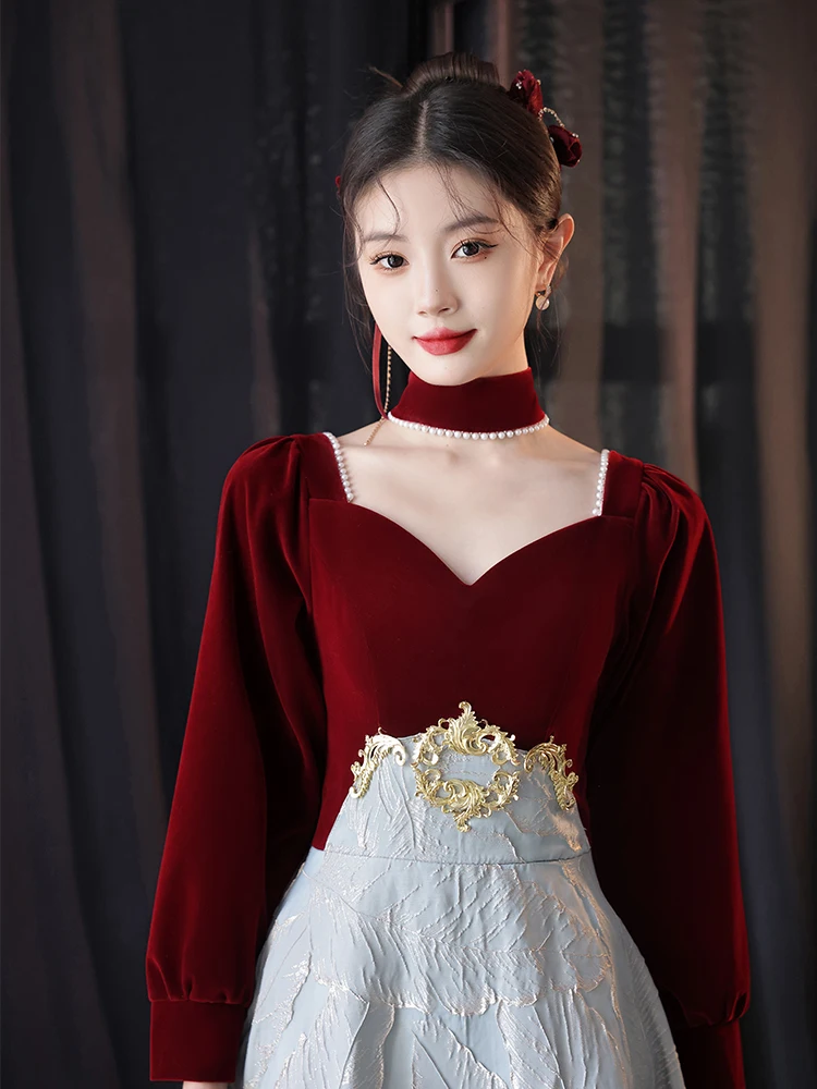 Long sleeve toast dress bridal engagement burgundy evening dress skirt women's 2024 new high-end light luxury niche party