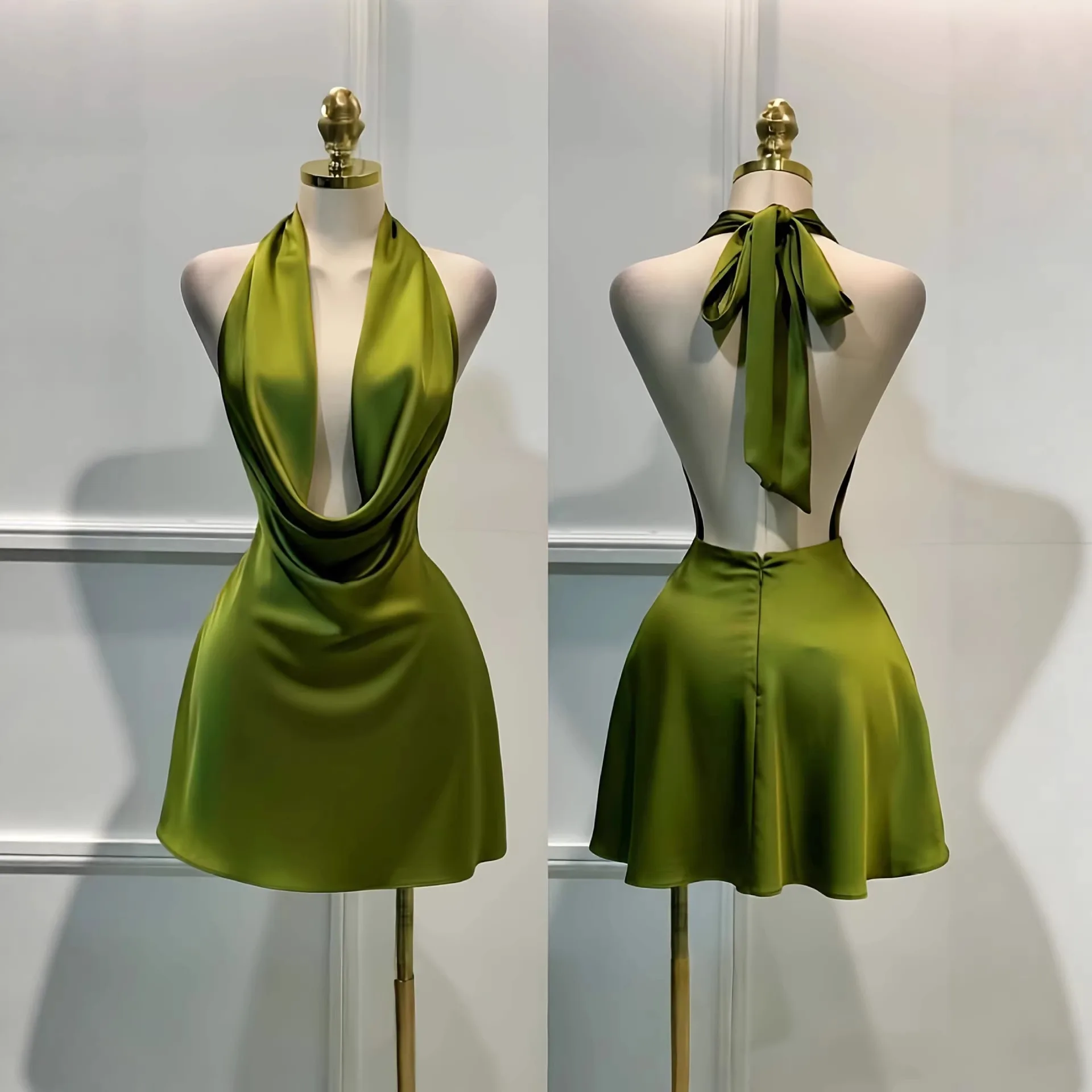 

Solid color satin back zipper open-back slim fit for vacation, parties and banquets