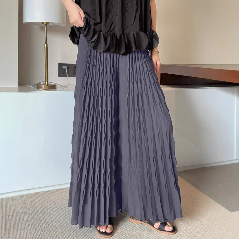 Miyake 2025 Pleated New Solid Color Elastic Waist Folded Wide Leg Pants Women's Fashion Pleated Temperament Elastic Loose Pants