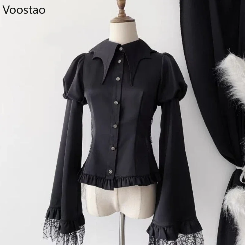 Gothic Y2k Lolita Style Shirts Women Vintage Mesh Lantern Long Sleeve Blouse Female Japanese Victorian Vintage Slim Clothes Tops