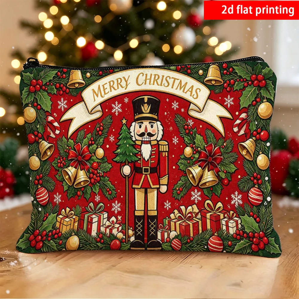 Merry Christmas Cosmetic Bag Nutcracker Soldier Bell Gift Box Design Zipper Makeup Pouch Travel Storage Bag Holiday Gift Women