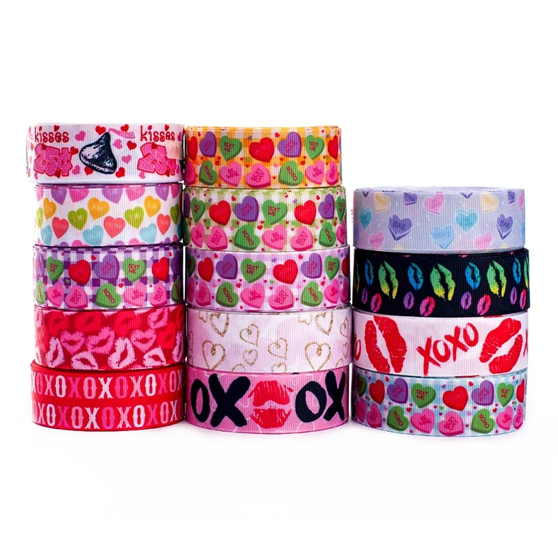 Random set 5/10/20 styles 22/25mm Valentine's Day pattern ribbon, each 1yard