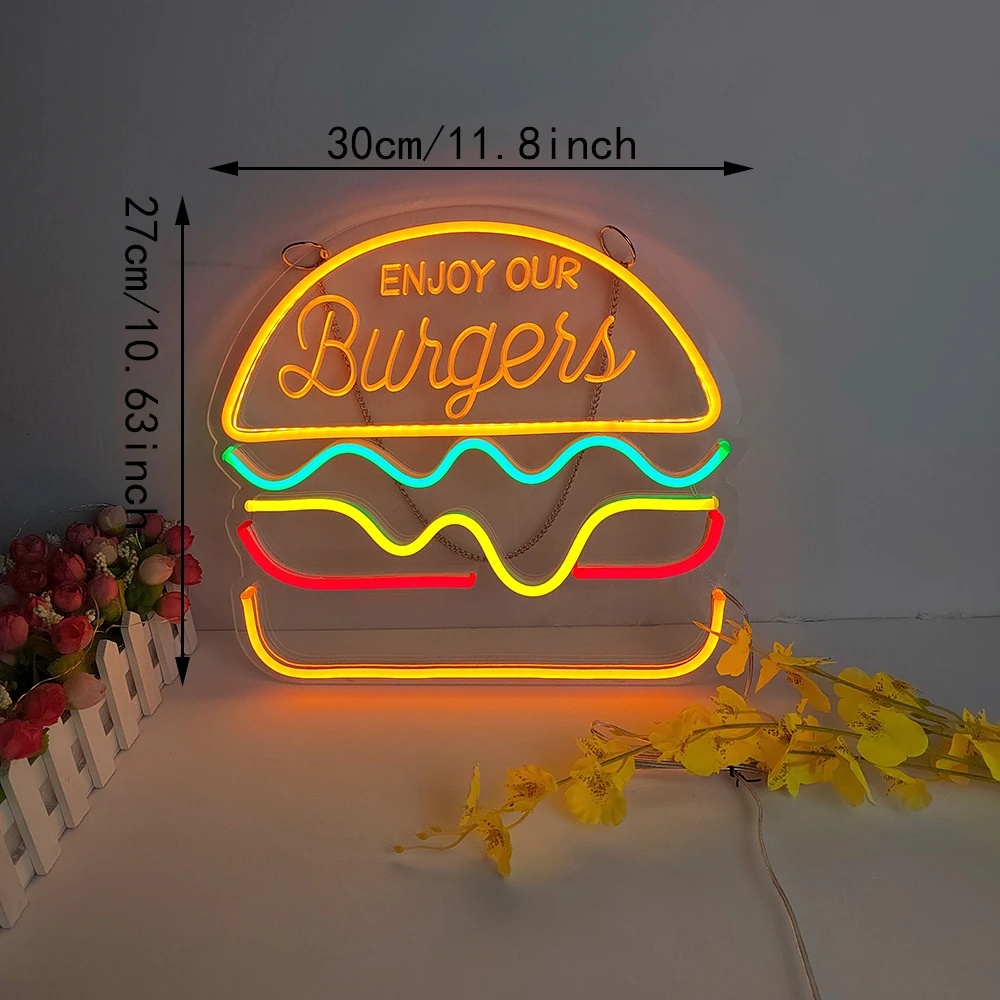 Hamburger Neon Light Acrylic Fast Food Wall Neon Sign for Party Wedding Shop Restaurant Birthday Home Wall Decor Decoration