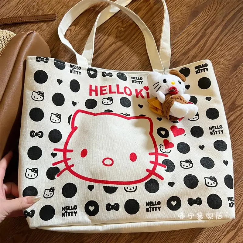 

Sanrio Hello Kitty Casual Canvas Handbags, Women's Commuting Handheld Sail Cloth Shopping Bags Large Capacity Cartoon Tote Bags