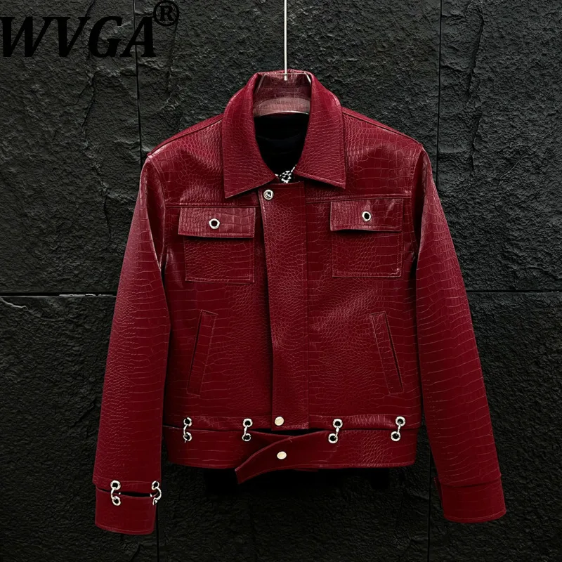 WVGA 2026 Spring New Men's High-End Niche PU Leather Turn-Down Collar Short Jacket Chic Casual Metal Splicing Trendy Coat W18301