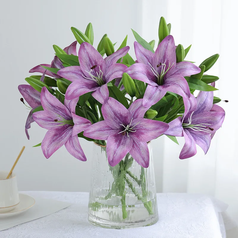 

6Pcs/lot High-end 3heads Lilies Artificial Flowers Bridal Bouquet Wedding Decor Fake Flowers Lily Party Home Decoration Floral