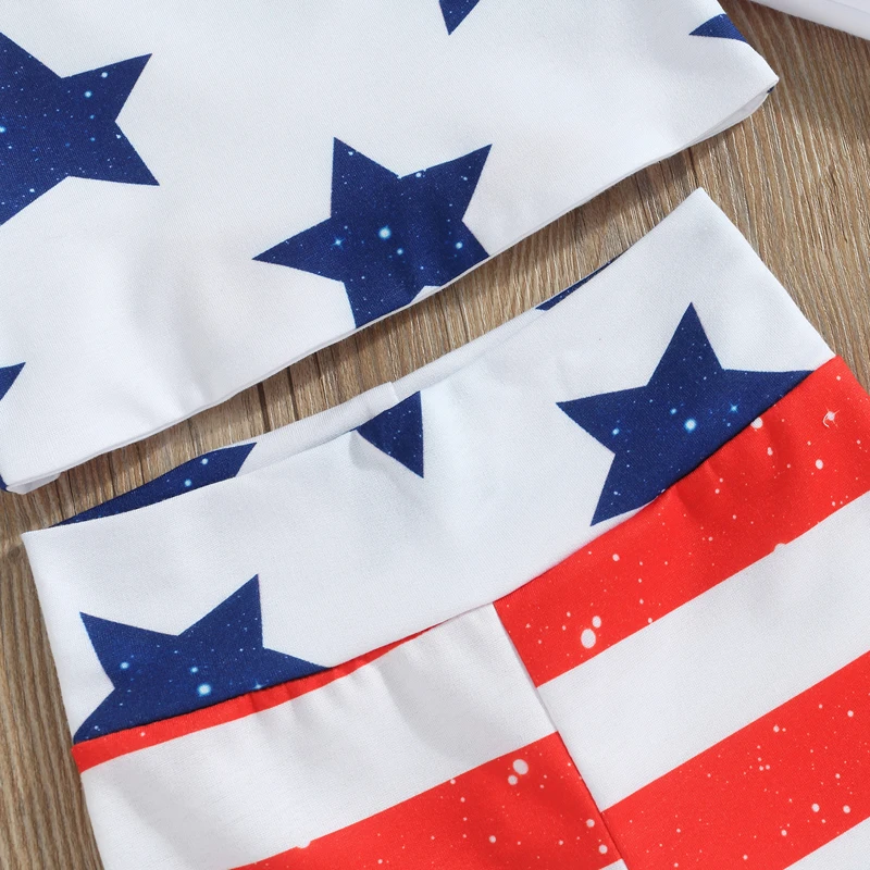 Conjunto de pantalones con estampado de estrellas y manga de mosca para niñas, Tops con pantalones acampanados a rayas, traje de verano