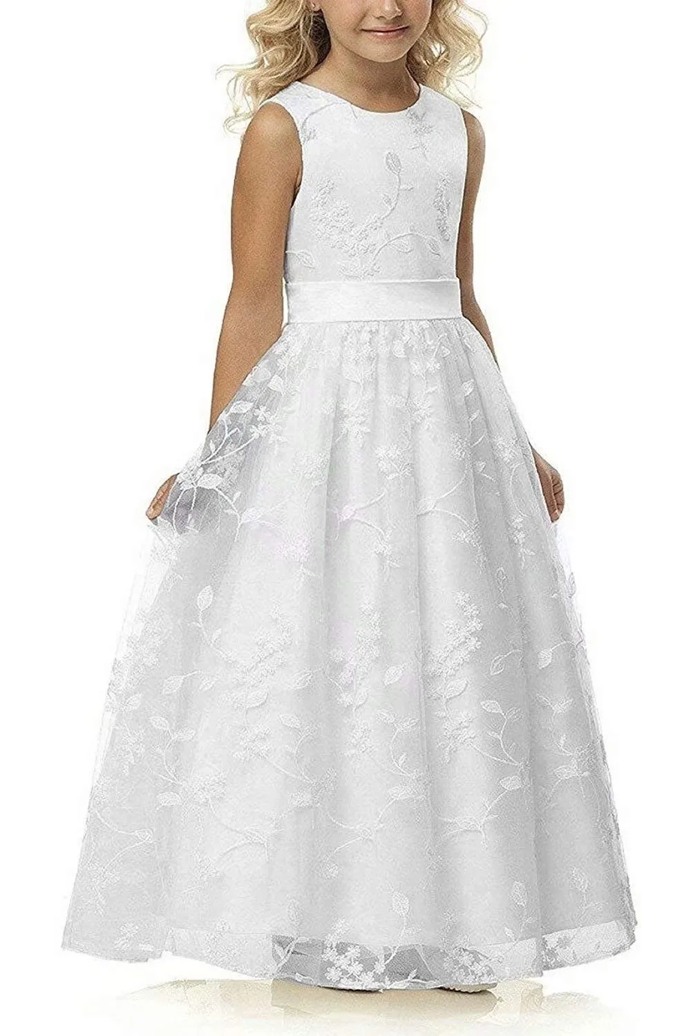 

Chic Kids Long Communion Dress Lace Flower Girl Dresses Tulle Embroidered Satin Belt Boho Bridesmaid Dress 2-13 Years