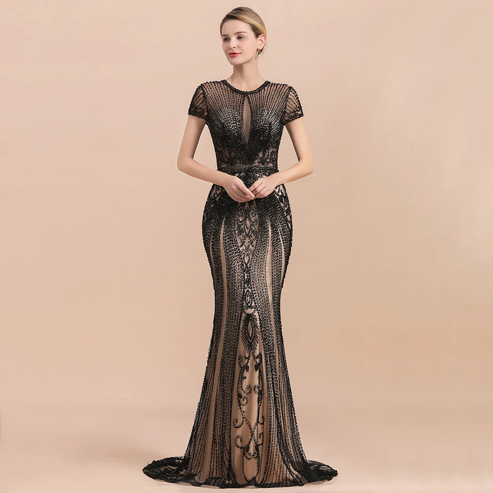 2024 Hot Luxury Beads Stones Mermaid Prom Dresses For Women Party Short Sleeves Sexy Sheer Back Evening Gowns Vestido De Festa