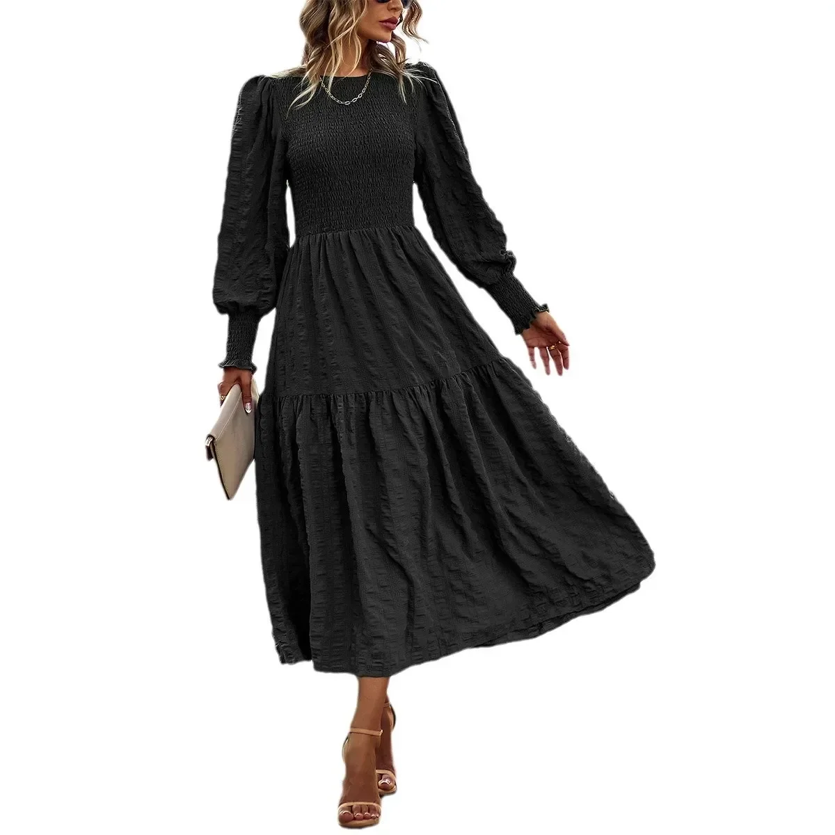 女性の春秋ミディドレス長袖花柄ブラウスエレガントな結婚式のゲストロング流れるドレスレディースサマーカジュアルドレス