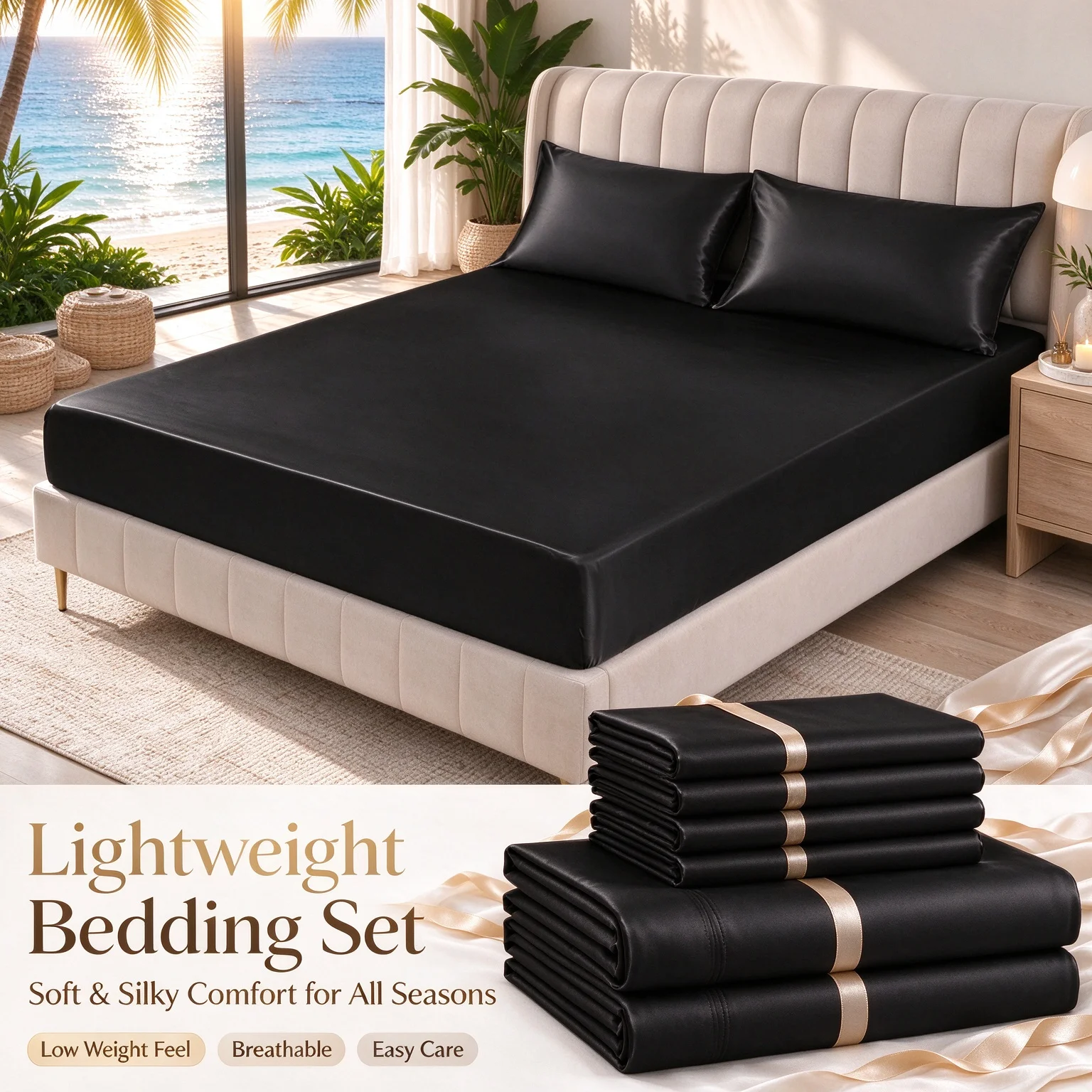 Black Lustrous Textile Cover, Sleek Radiant Surface, Stable Elastic Band Design, Upscale Rest Room Decor Accent, Twin Full Queen King Sizes
