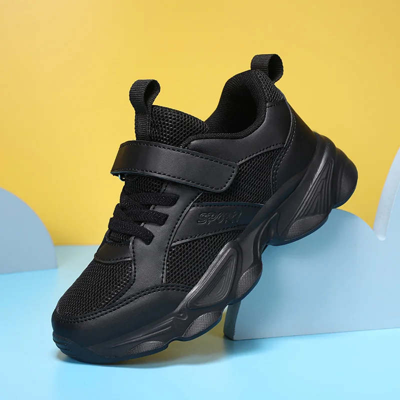 Zapatillas de deporte de cuero negro para niños, zapatos deportivos informales antideslizantes, transpirables para exteriores