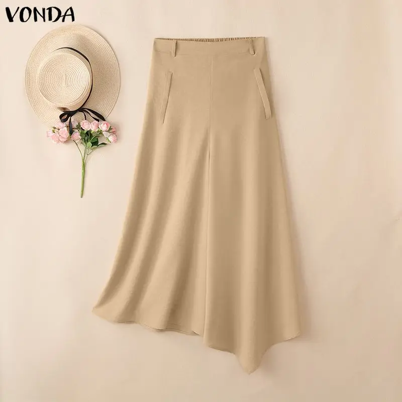 

Casual Women Pants 2026 Plus Size VONDA Office Lady Capris Loose Bottoms Female Solid Irregular Elegant Wide Leg Trousers