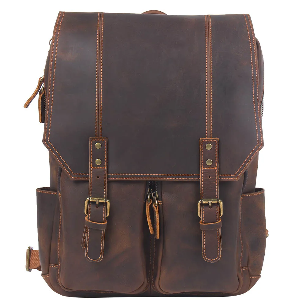 LuxuryRetro Large Capacity Crazy Horse Leather Men Backpack Laptop Bag Original First Layer Cowhide Travel Backpacks Shoulder
