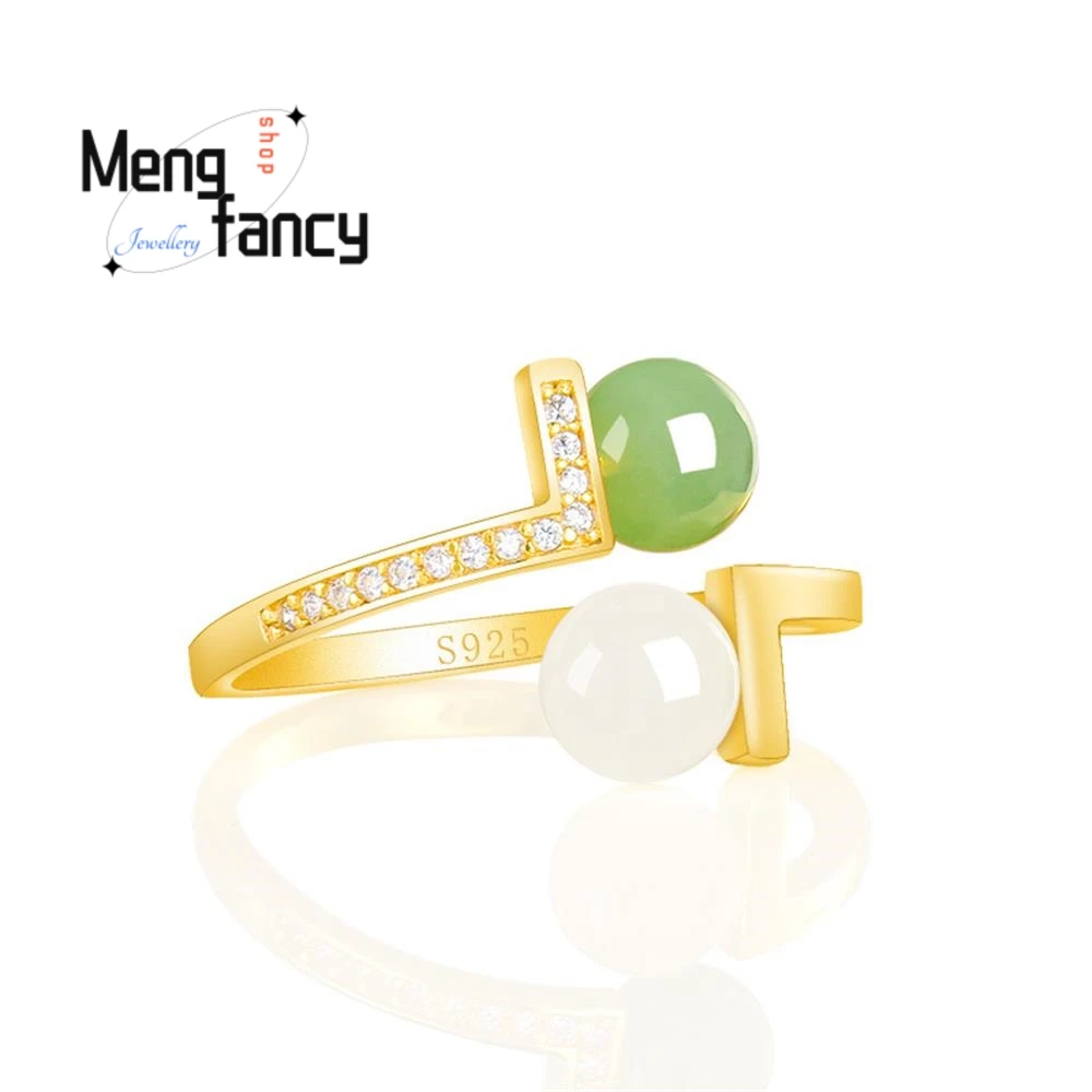 المواد الطبيعية القديمة Hetian اليشم حبة مستديرة خاتم ارتفع الذهب S925 الفضة مطعمة عالية الجودة المرأة مجوهرات الأزياء هدايا العيد