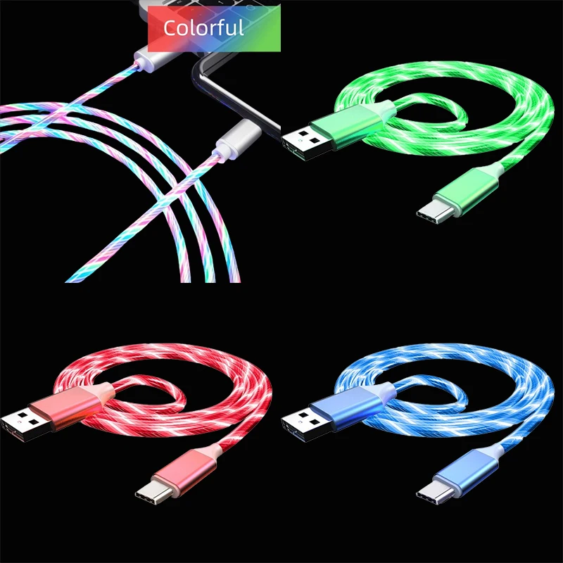 Flow Luminous USB Type C Cable 3A Fast Charging Data Cord for Samsung Xiaomi OPPO Huawei IPhone Charger Micro USB Wire LED Cable