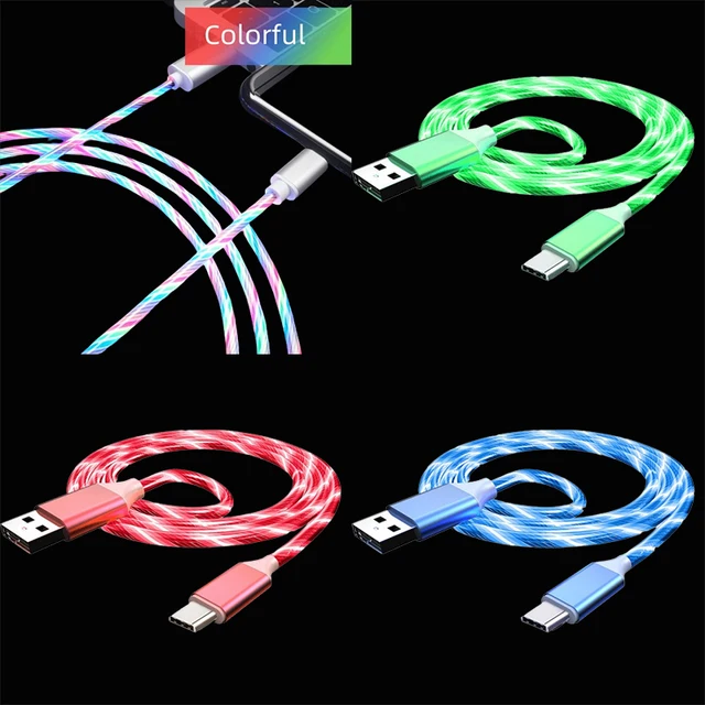 Kable do ładowania telefonów komórkowych Świecący kabel LED Ładowarka Micro USB typu C do Samsung Xiaomi Huawei iPhone Przewód do ładowania