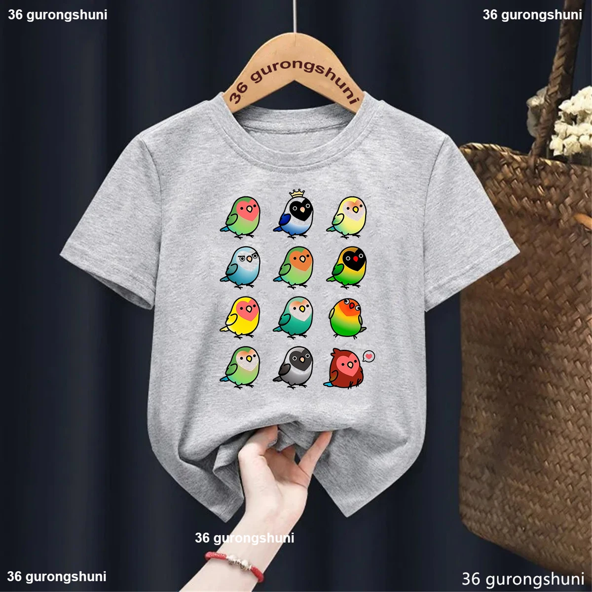 

New Boys T-shirt Cute Pastel Green Cheek Conure Bird&Balloons Print Kids Tshirt Fashion Trend Boy Clothes Summer Gray Blue Shirt