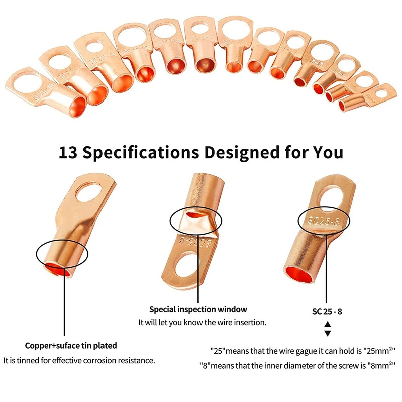 273Pcs Copper Wire Terminal Connectors AWG 2 4 6 8 10 12 Ring Lug Kit With 140Pcs Heat Shrink 133Pcs Battery Cable Lugs