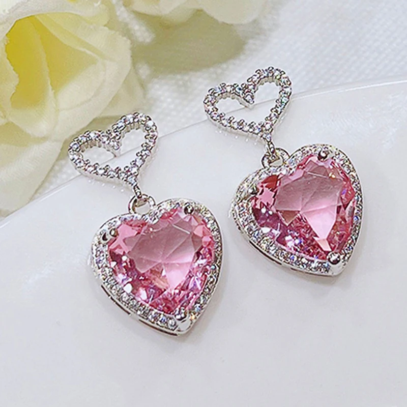 Huitan Luxury Pink Cubic Zirconia Heart Earrings for Women Silver Color Sparkling Engagement Wedding Accessories Trendy Jewelry