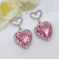 Huitan Luxury Pink Cubic Zirconia Heart Earrings for Women Silver Color Sparkling Engagement Wedding Accessories Trendy Jewelry