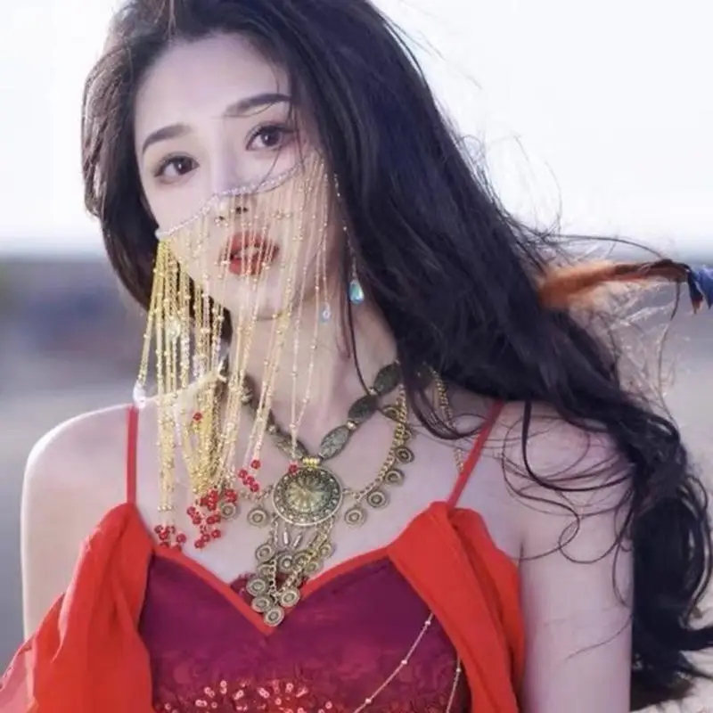 Fashion Tassel Veil Masquerade Mask Chain Dance Performance Accessories Hair Ornament Face Curtain for Woman Wedding