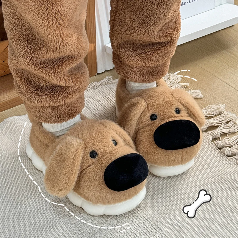 Winter Warm 3D Dog Cartoon Ankle Wrap Women Plush Slippers Thick Furry  Men Lady Couple Home Cotton Shoes