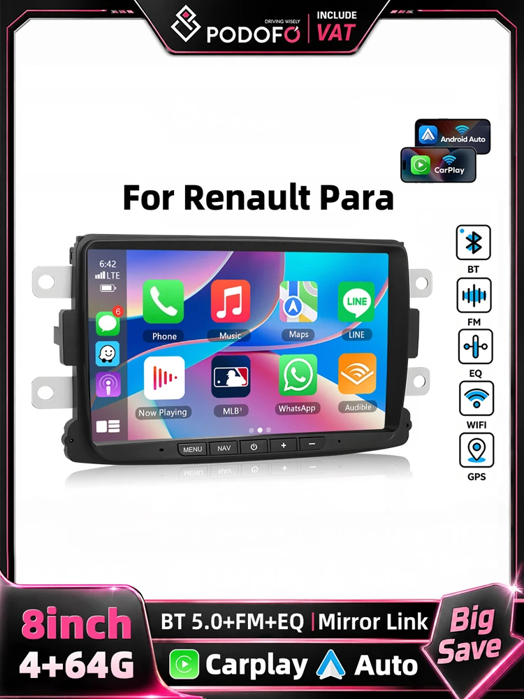 Podofo 8-calowy podwójny DIN system audio do samochodu dla Renault Para Dacia Logon/Sandero/Lodgy/Captur/Plumero/Lada Xray z bezprzewodowym Carplay, Android Auto, Mirror Link, radiem samochodowym, — 2