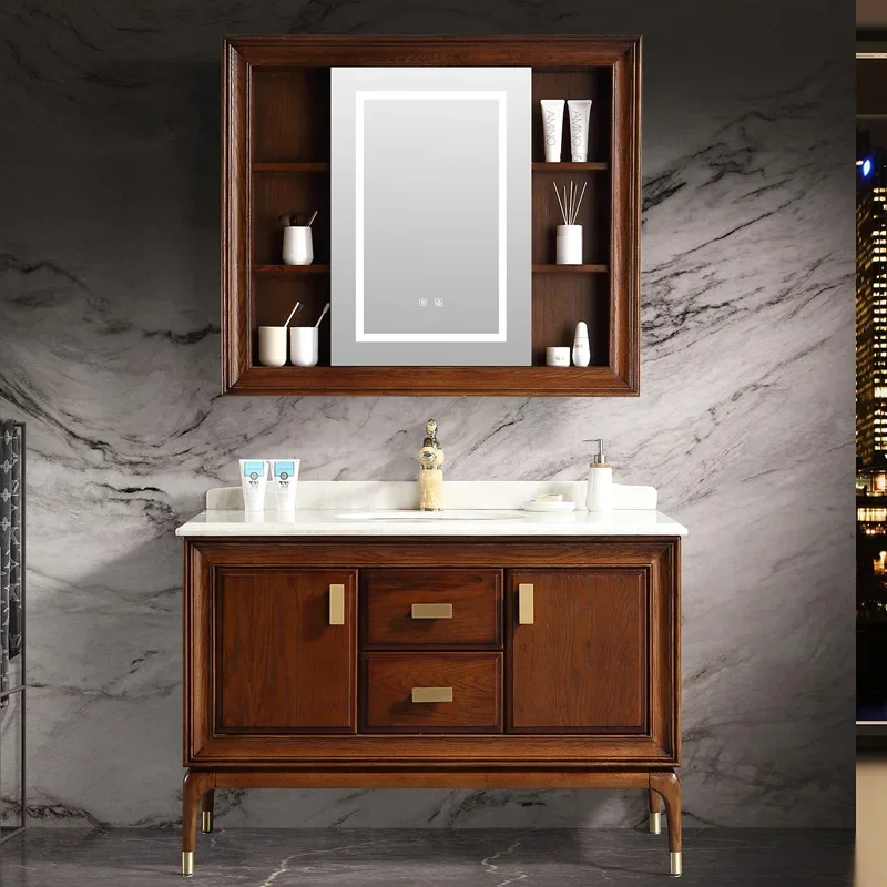 

New Chinese bathroom cabinet Chinese red oak wash basin washbasin cabinet combination smart mirror cabinet