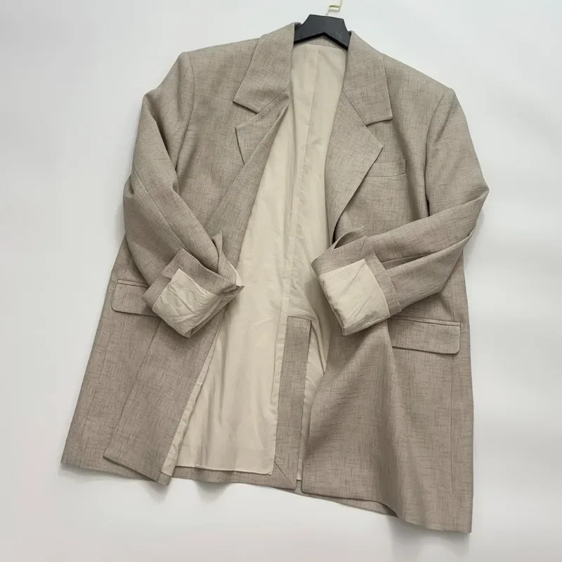 One Button Pure Linen Oatmeal Thin Shoulder Pads Silhouette Blazer