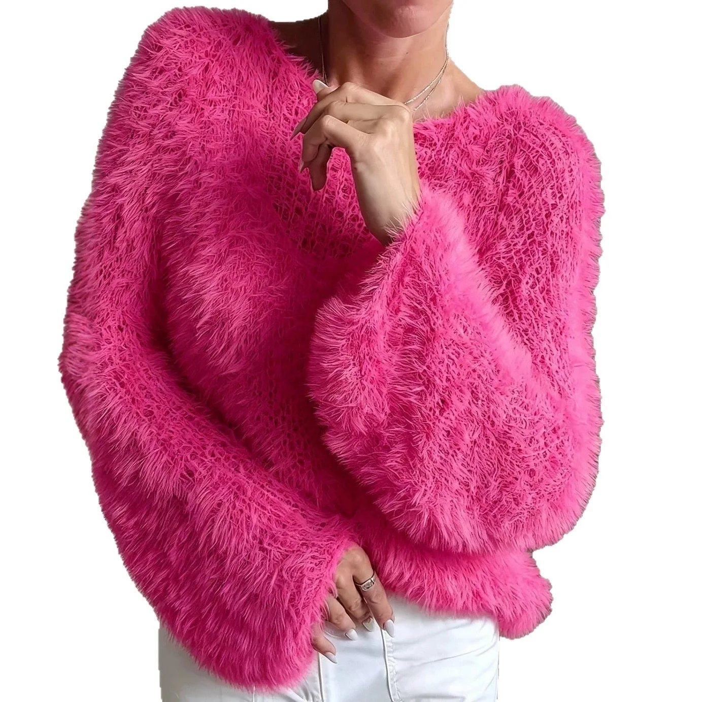 Women Soft Fluffy Fuzzy Knit Sweater, Solid Color Crew Neck Long Sleeve Loose Fit Gentle Furry Pullover Top view 5