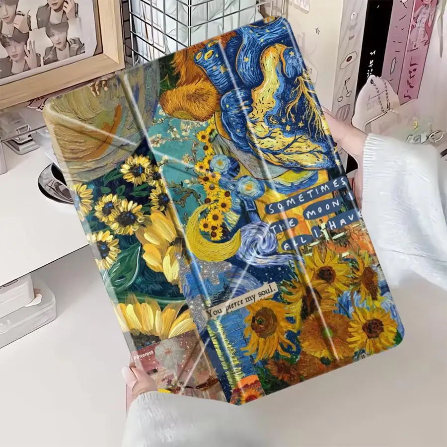 

Чехол-подставка для планшетов iPad Pro 11-го, 10-го, 9-го, 8-го, 7-го поколений, 12.9-дюймовых Pro 2025, Mini 6, 7, Air 4, 5, M3, M2, 1, 2, M4, 11-дюймовых, Van Gogh Cool