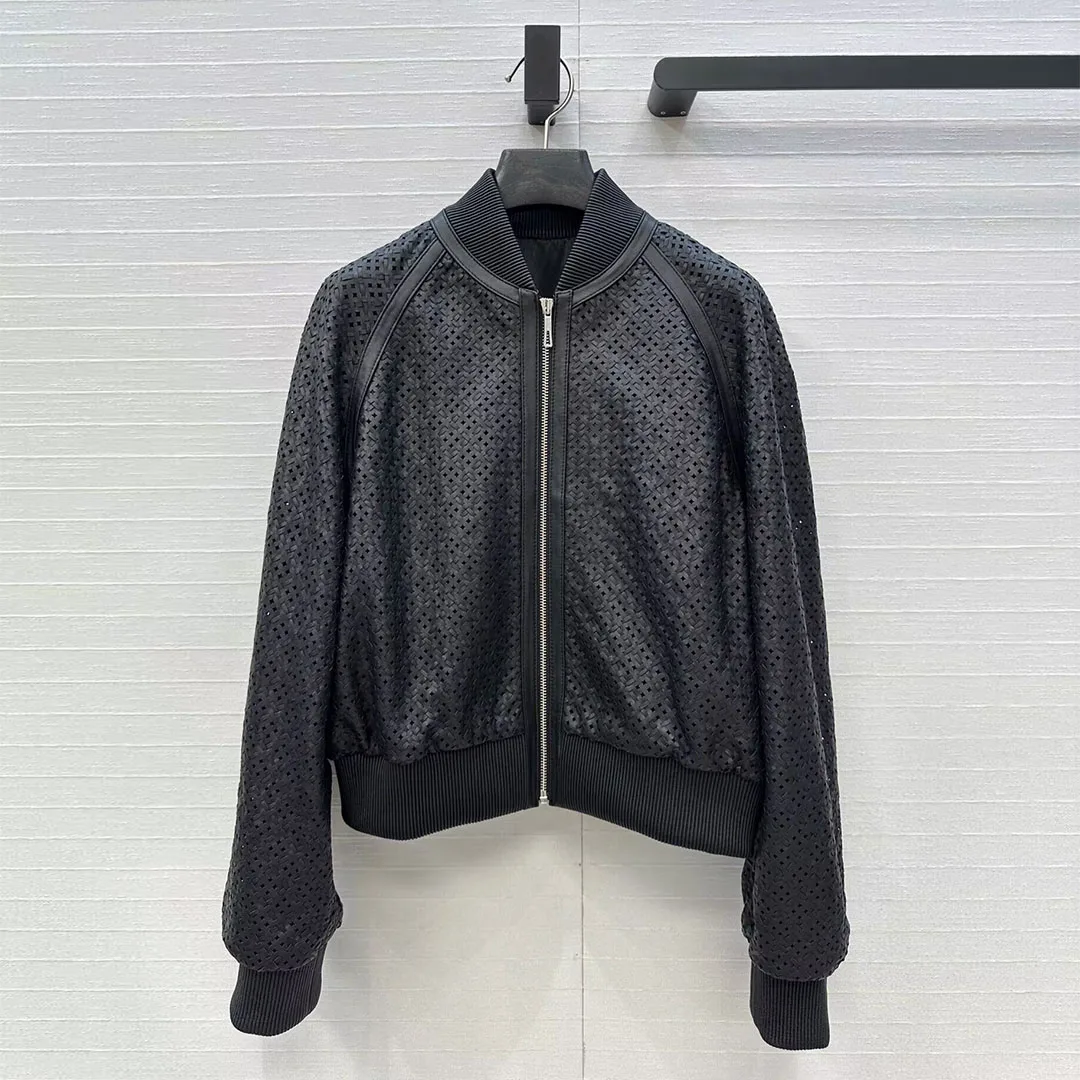 New Fashion Vintage Weave Hollow Out 100% Sheepskin Jacket Women Crew Neck Long Sleeve Zipper Genuine Leather Designer Coat