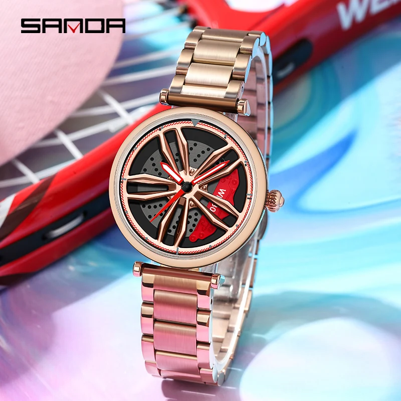 SANDA-reloj deportivo de acero inoxidable para mujer, cronógrafo de pulsera con llanta de coche, resistente al agua hasta 50M, nuevo diseño, 1074