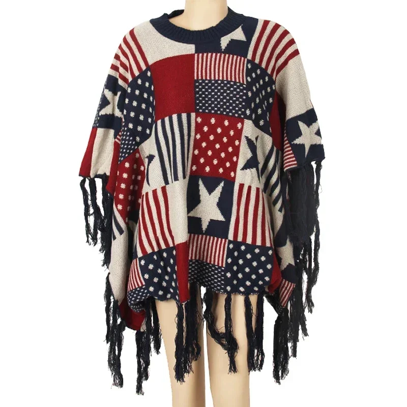Women's Patriotic American Flag Elements Batwing Knitted Poncho Cape Sweater Pullover Cape with Tassels Dropshipping