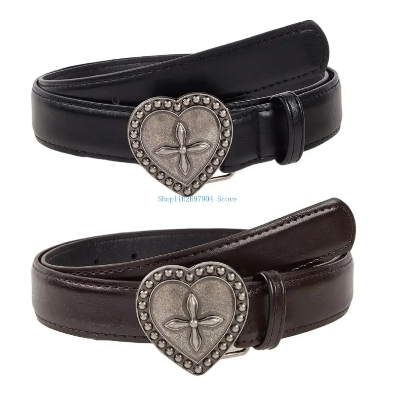 

N7YF Adjustable Western Theme Belt with Engraved Heart Buckles Cowgirl Fashion Waist Band For Pants Jeans Concerts Event