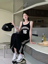 plus Size Casual Korean Style Letter Print Sleeveless Dress Women's Summer Loose Meat Concealing Long Dress Straight Cut High...