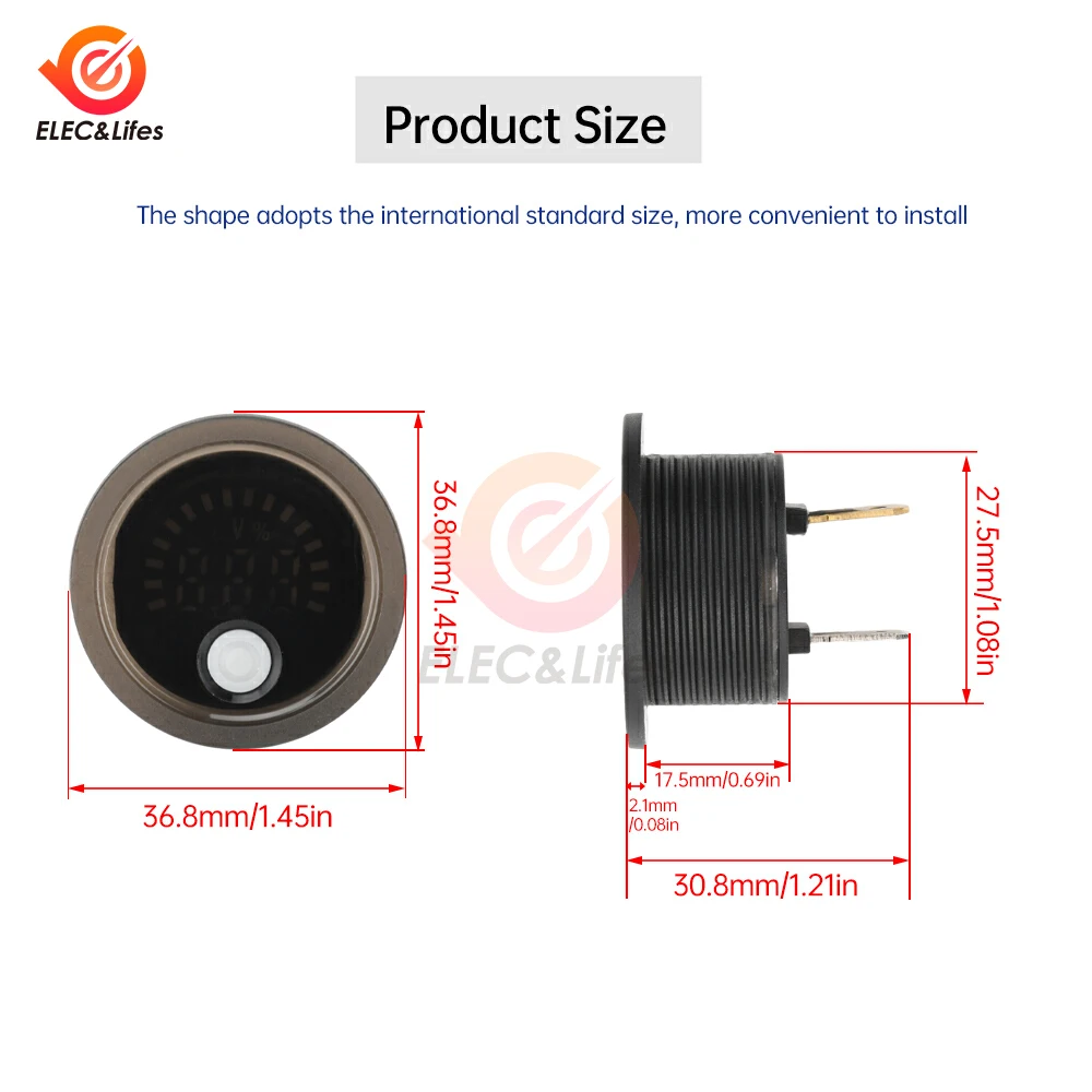 DC 7-100V Car Voltage Gauge LED Digital Display 12V 24V Waterproof Voltmeter Round Voltage Meter Battery Capacity Monitor