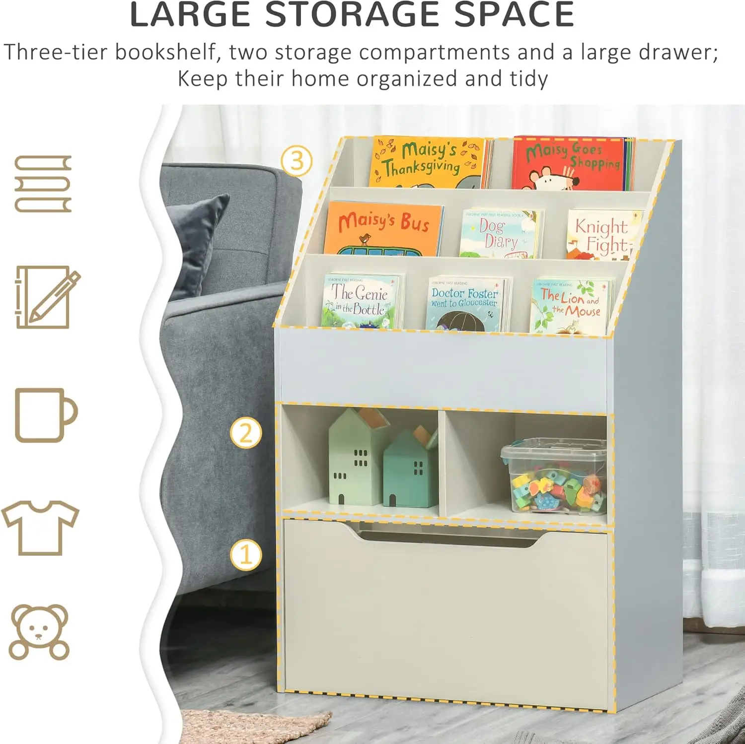Детский книжный шкаф с ящиком для хранения, органайзер с несколькими полками для книг и игрушек в игровой комнате, серый