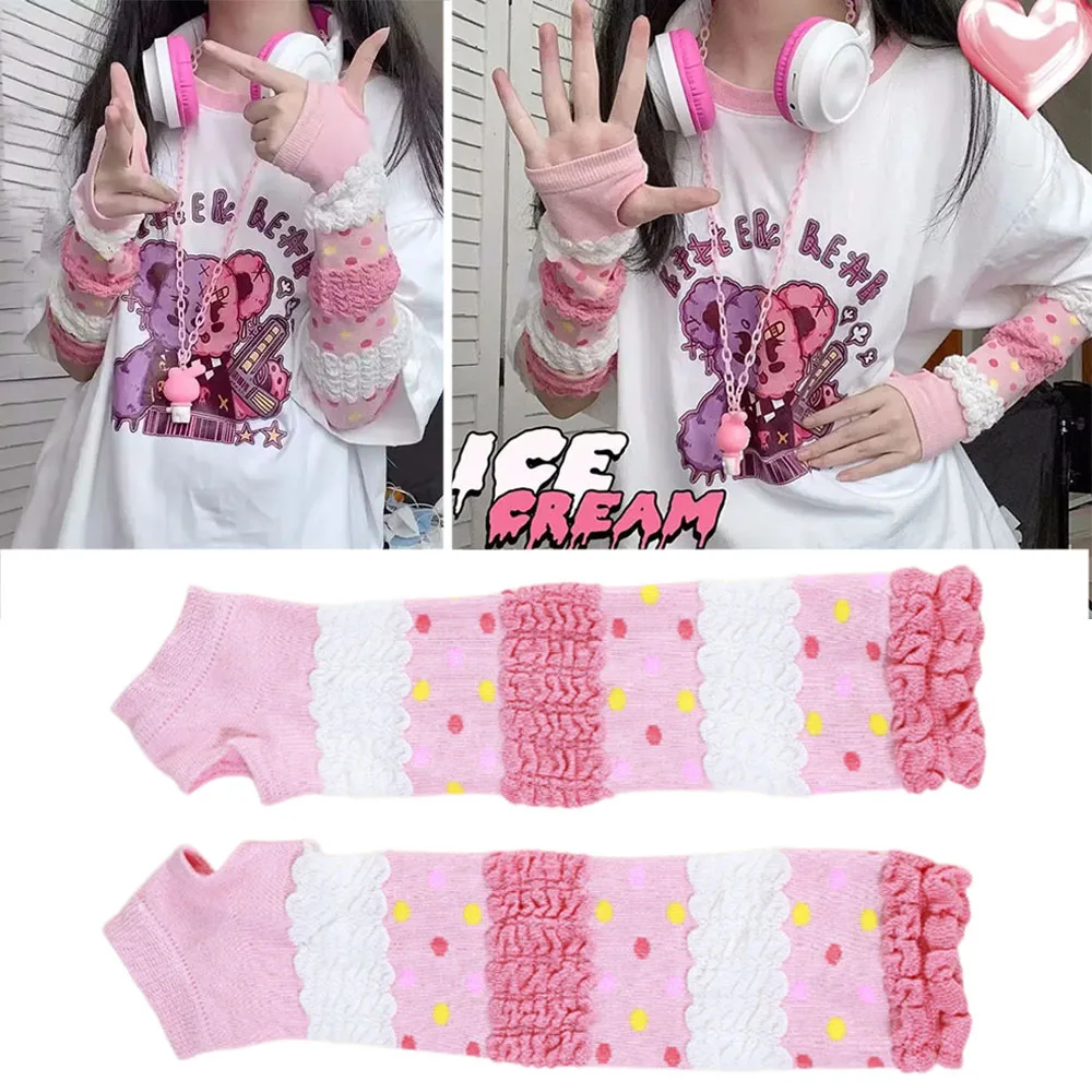 

Cute Lolita Pink Long Gloves Cute Girls Fluffy Bubble Design Color Dots Sleeves Women Sunscreen Oversleeves Y2k Arm Warmers