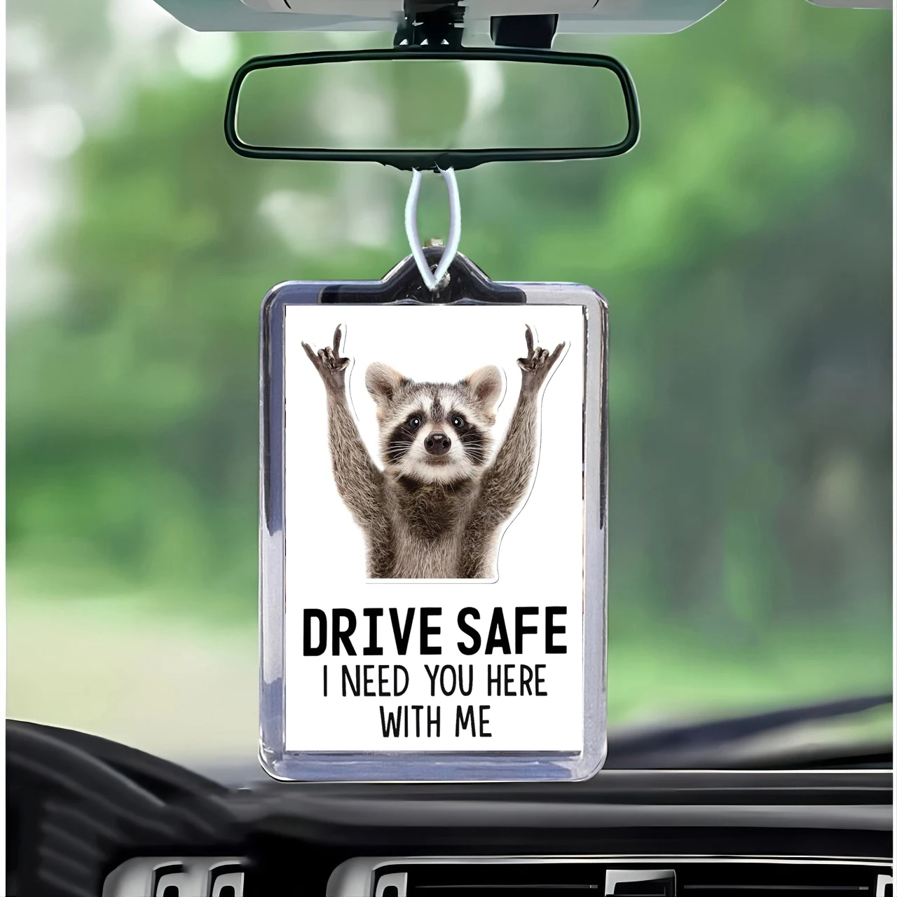 Cute Rock Raccoon Car Photo Frame Rearview Mirror Decoration, Safe Driving, I Love You, Anniversary Wedding Valentine's Day Gift