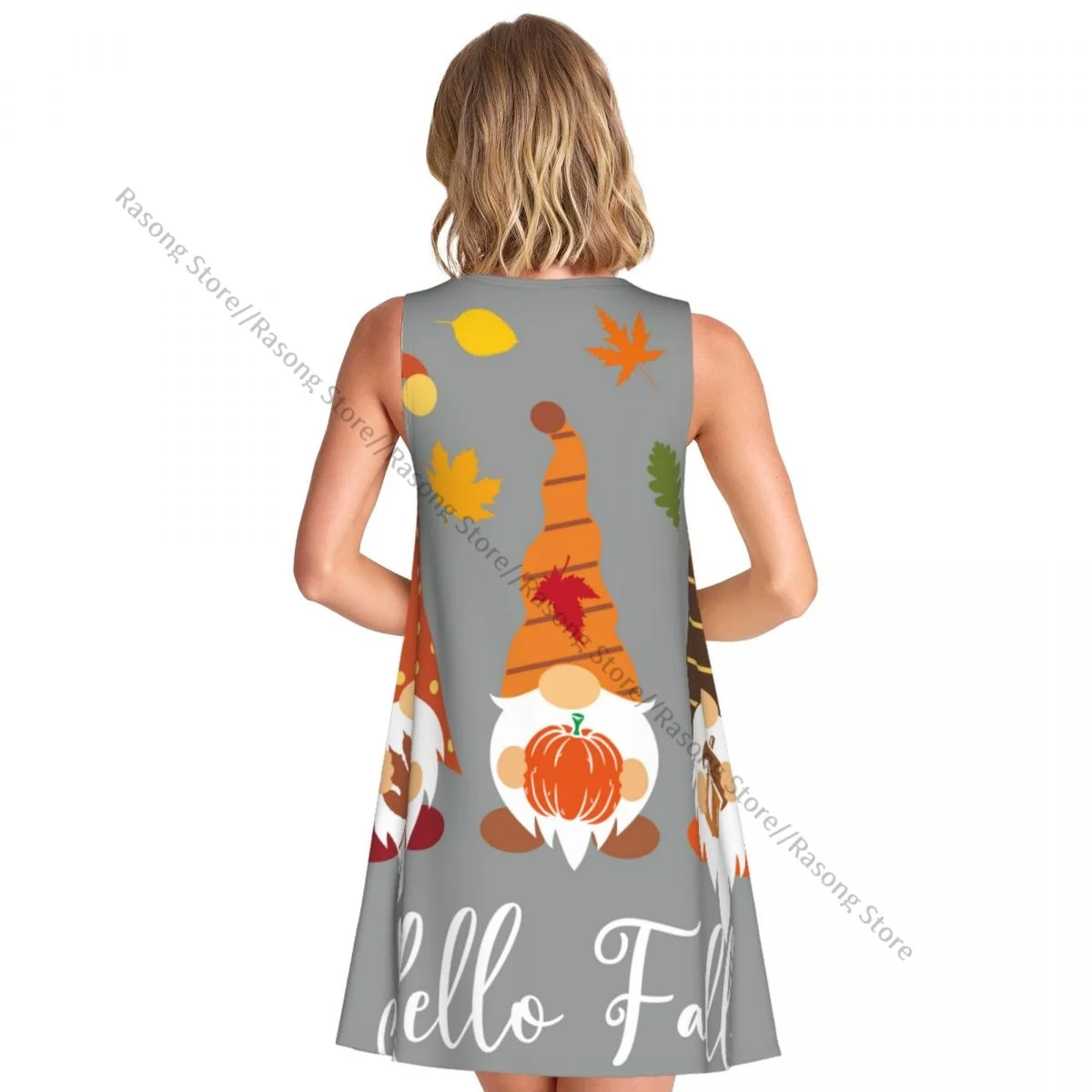 Vestido de mujer, camiseta informal de verano, vestidos para cubrir la playa, vestido sin mangas con ilustración de cosecha de gnomos de Hello Fall