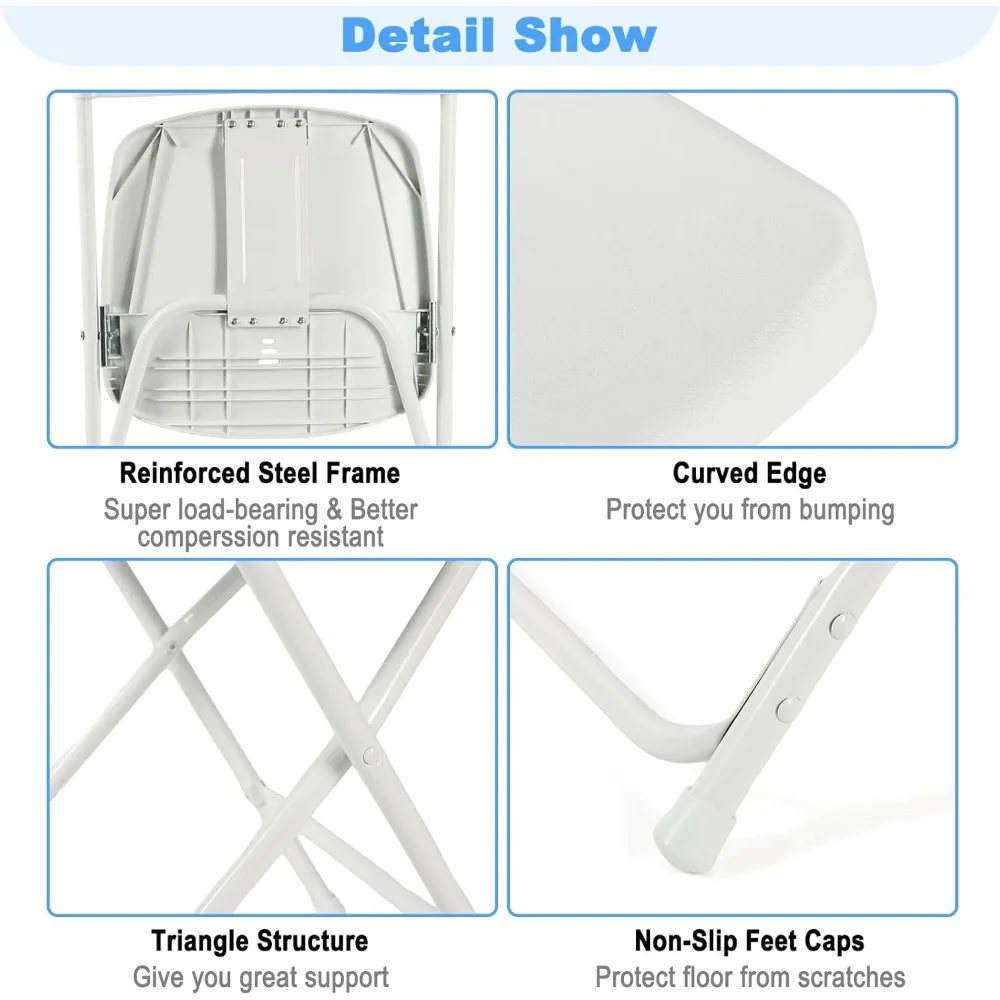 White Folding Chairs 10 Pack, Plastic Folding Chair for Outside, Indoor Outdoor Portable Commercial Seat with Steel Frame, Folda