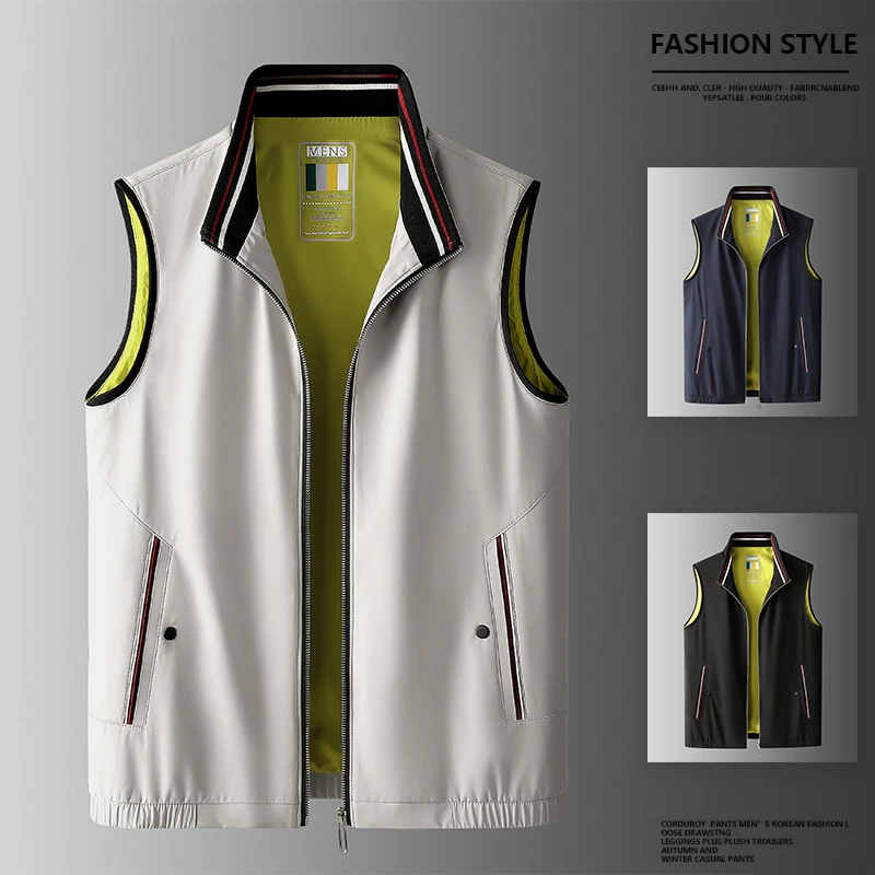 

High-End Faion Early Autumn Men's Casual Svel Stand Collar Outdoor Versatile Vest Zipper Closure Stand Fit Nylon